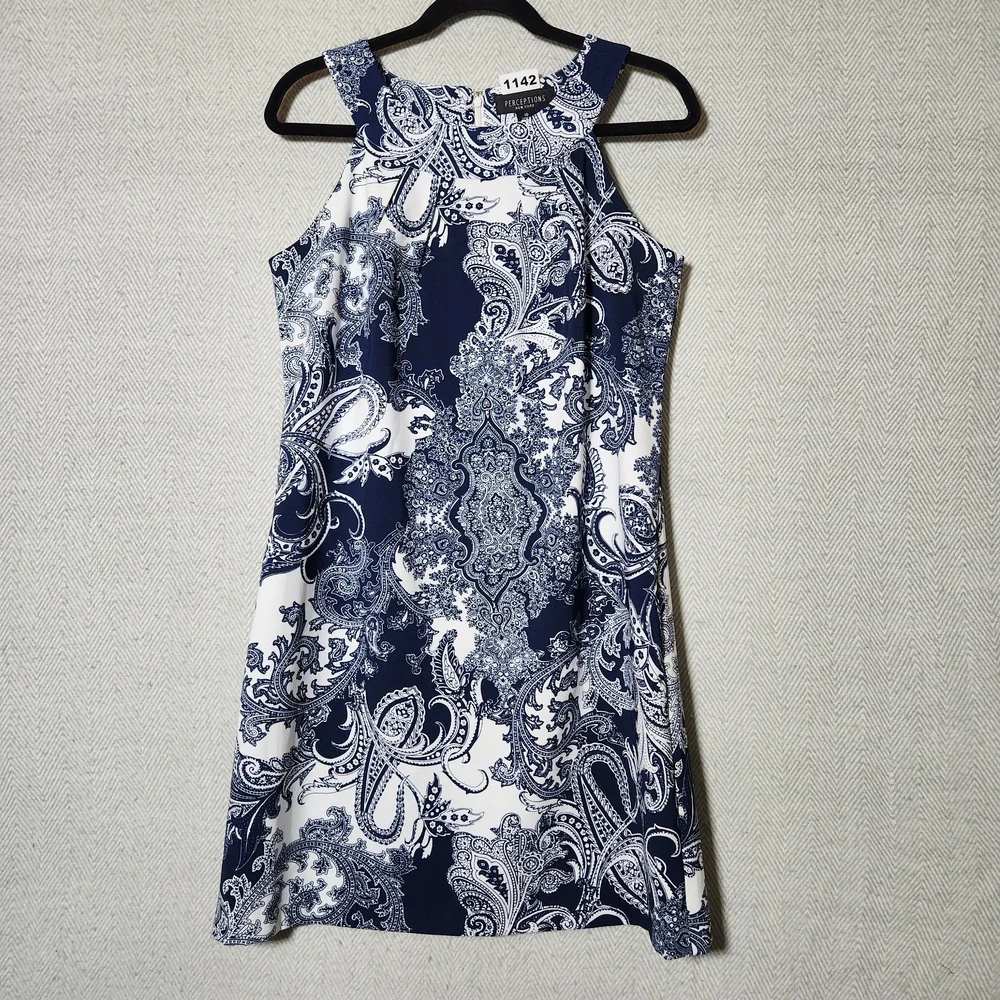 Perceptions New York Size 10 Elegant Navy and White Paisley Mini Dress - Picture 3 of 11